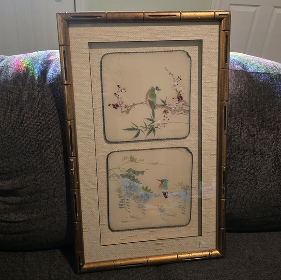 Other - Gold Bamboo Framed Chinese Silk Bird Paintings
